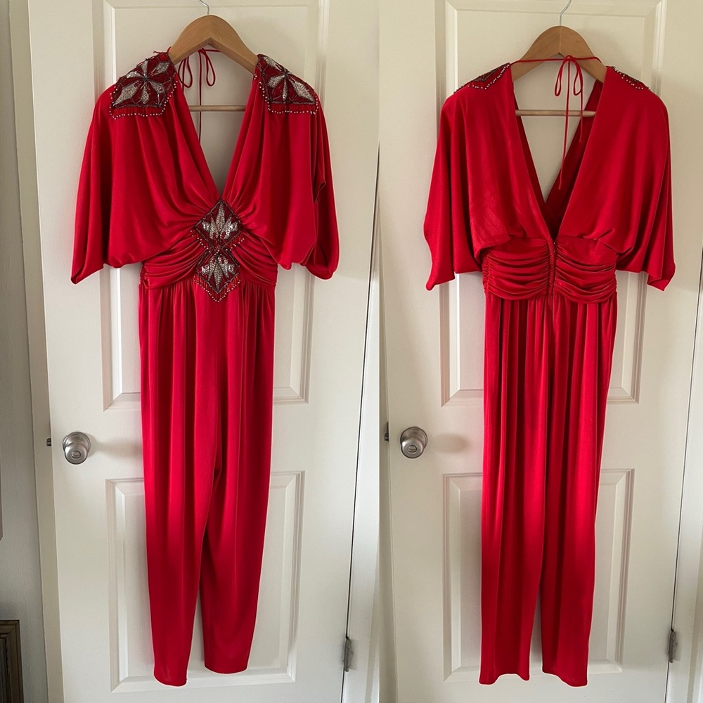 Vintage Lilli Diamond of California Red Embellished V-Neck Jumpsuit Sz 10